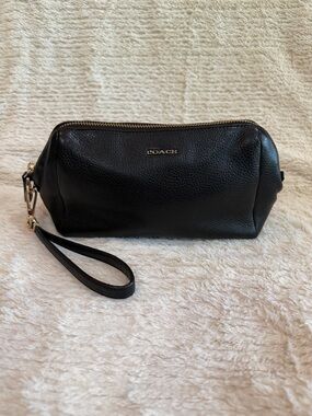 Coach Black Pebbled Leather Wristlet Pouch with Gold Hardware